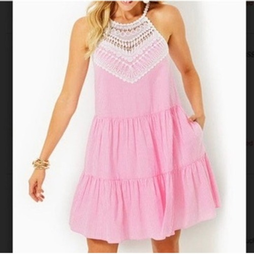 Lilly Pulitzer Britt Seersucker Striped Halter Swing Dress in Havana Pink Size 6